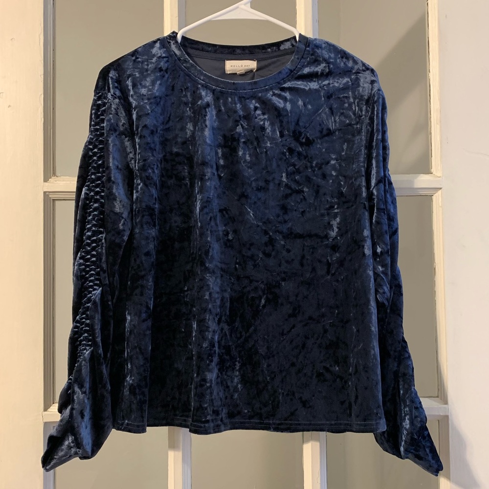 Gorgeous dark blue velvet long sleeve blouse